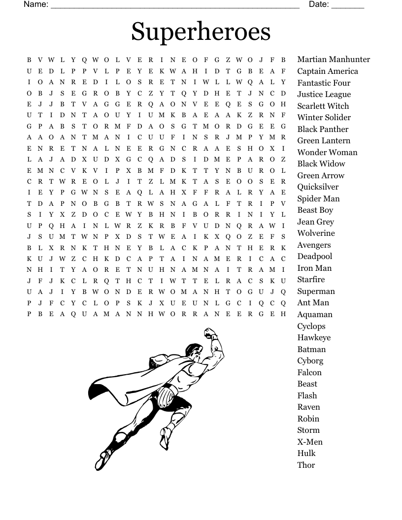 Superhero Word Search Free Printable