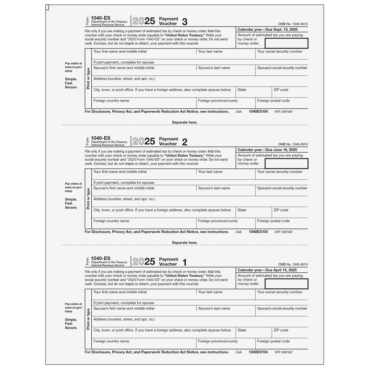 1040ES104 Form 1040 Estimate Payment Voucher 1 2 amp 3 