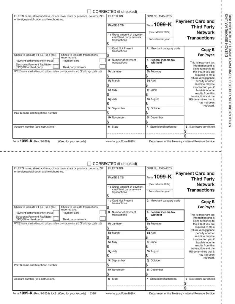 1099 K 2 Up Payee Copy B Merchant Card W 2TaxForms