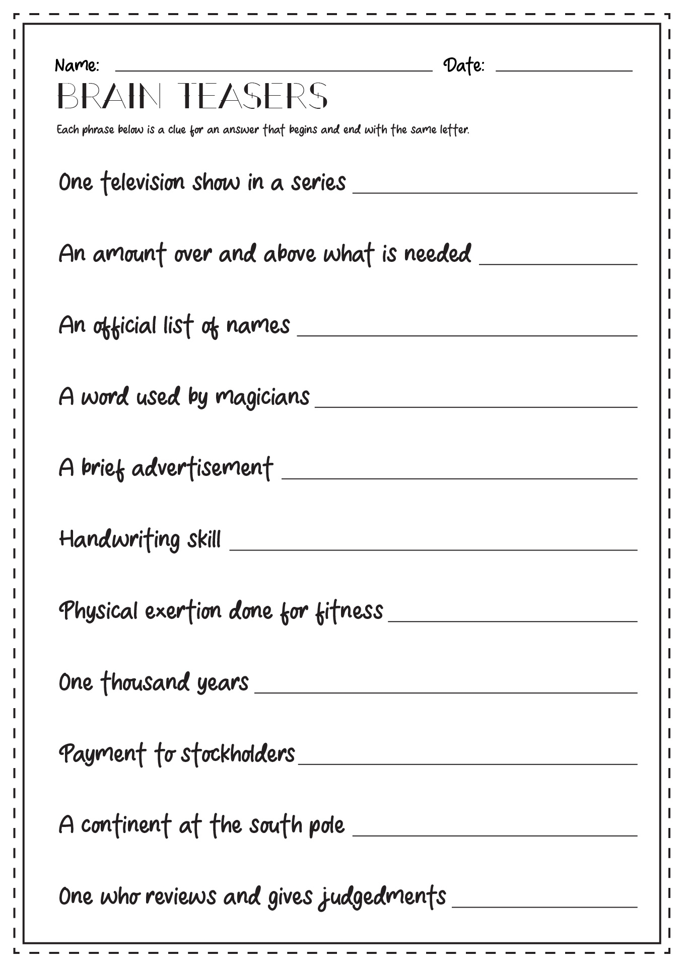 Printable Brain Games For Adults With Answers