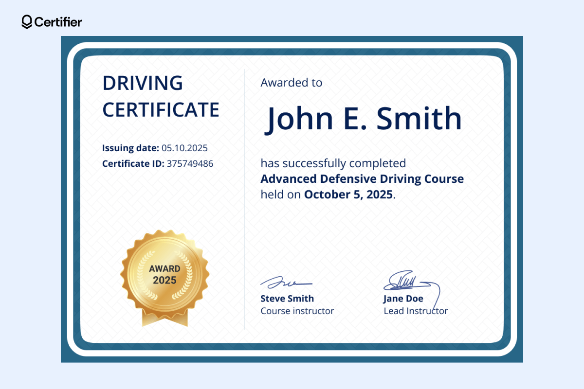 Printable Defensive Driving Certificate Template