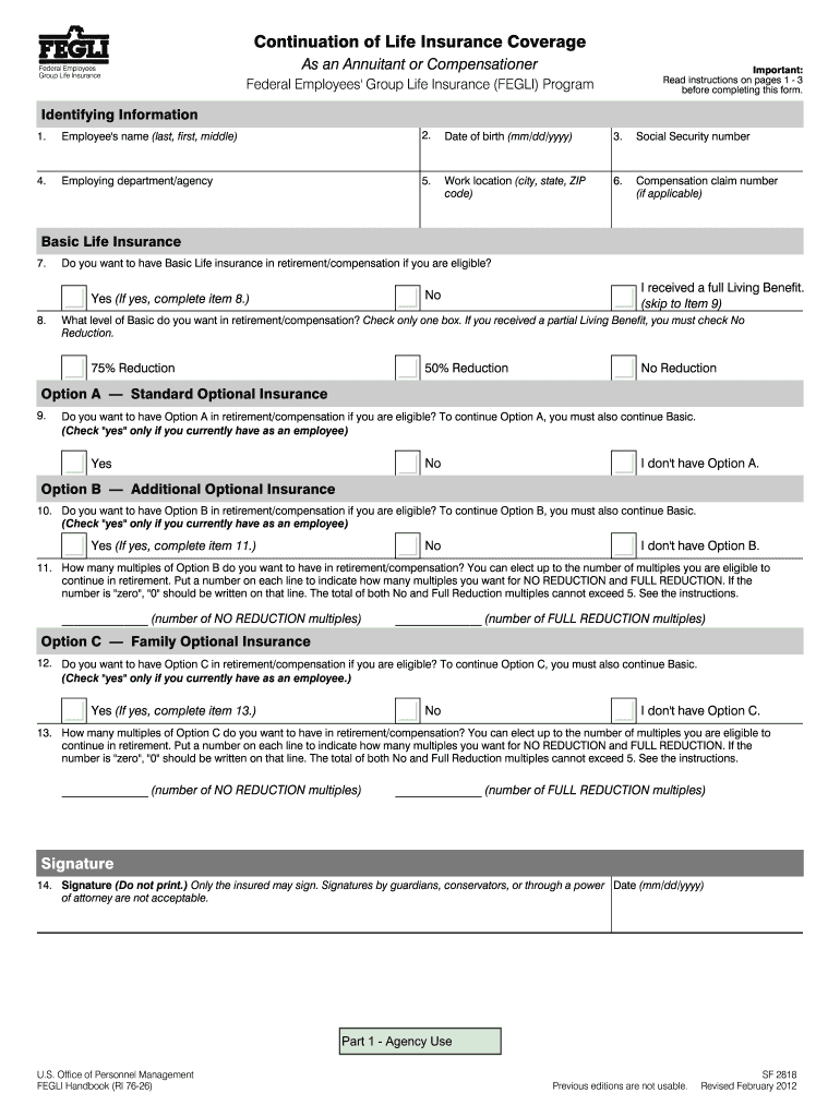 2012 2025 Form FEGLI SF 2818 Fill Online Printable Fillable 