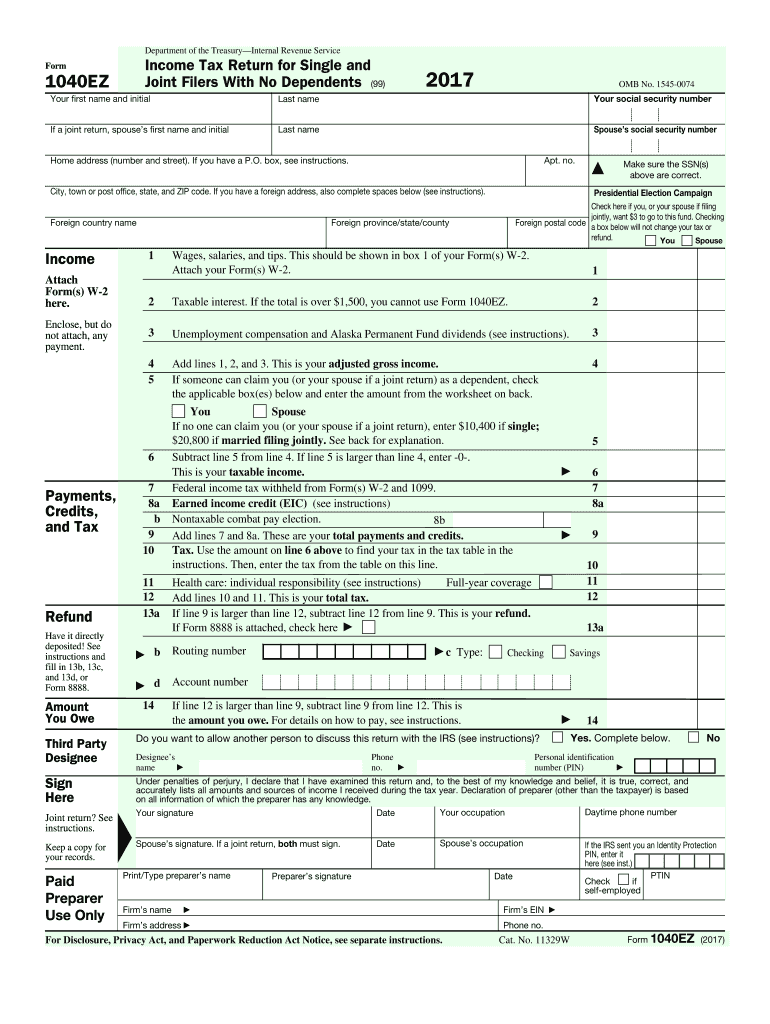 2017 2025 Form IRS 1040 EZ Fill Online Printable Fillable Blank 
