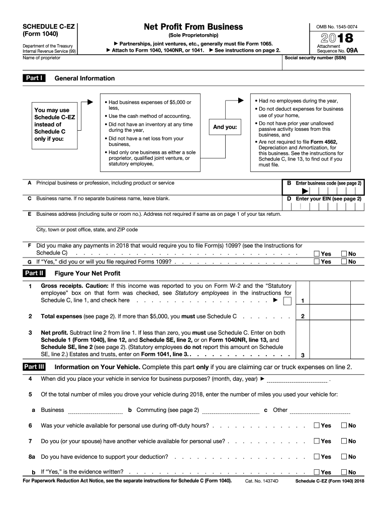 2018 2025 Form IRS 1040 Schedule C EZ Fill Online Printable 