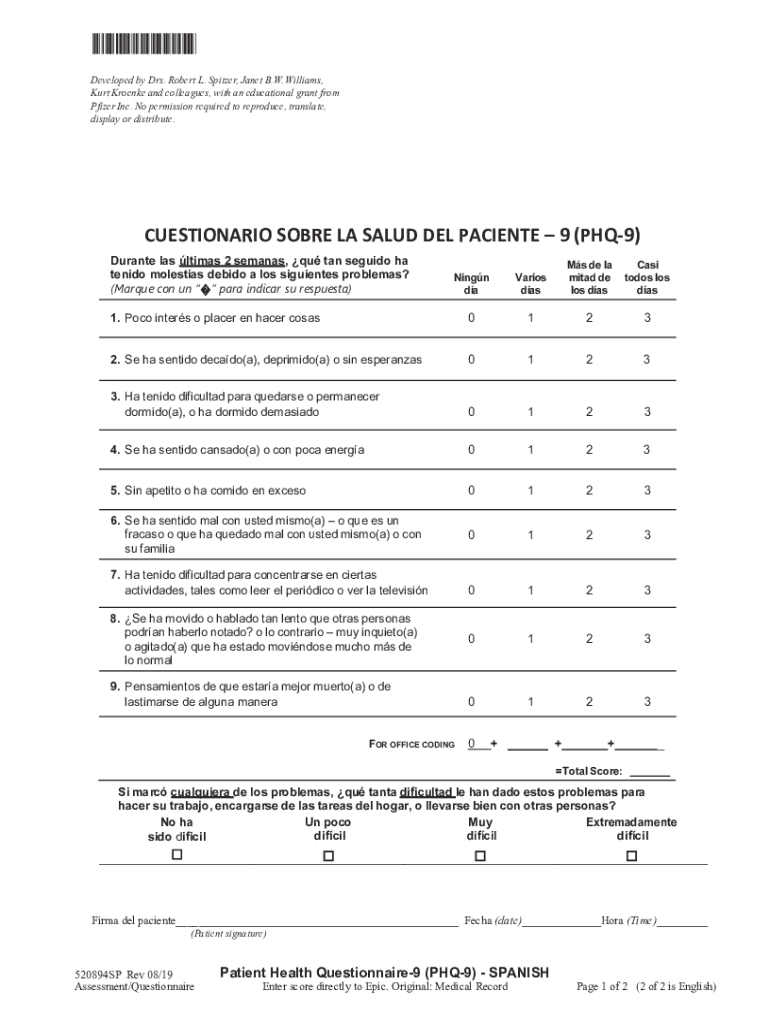 2019 2025 Form Cuestionario Sobre La Salud Del Paciente 9 PHQ 9 