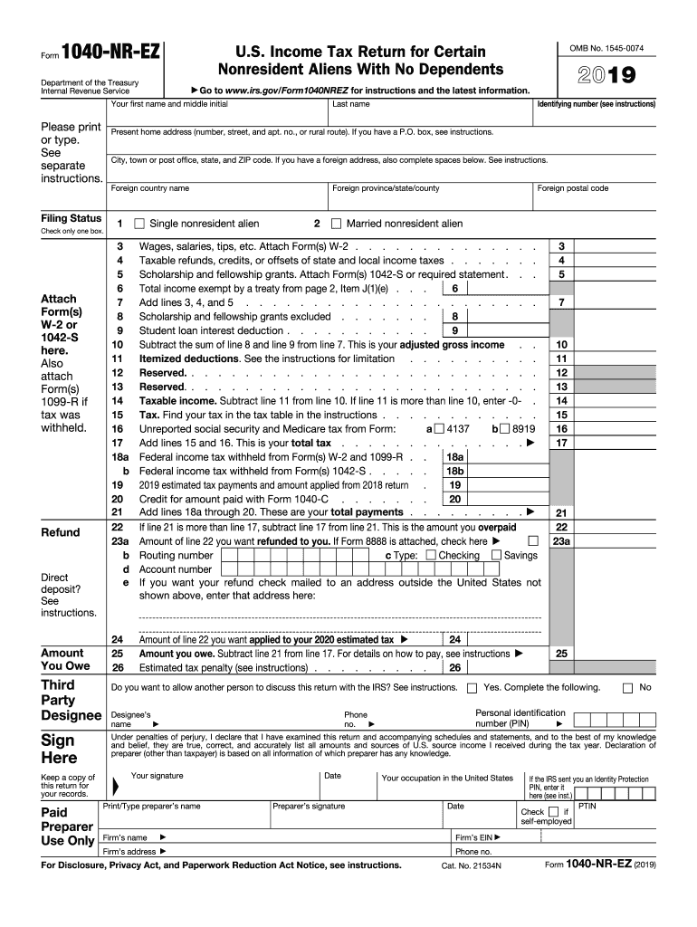 2019 2025 Form IRS 1040NR EZ Fill Online Printable Fillable 
