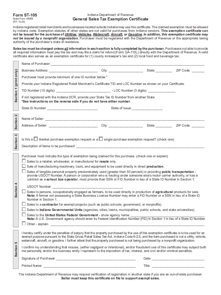 2023 2025 Form IN DoR ST 105 Fill Online Printable Fillable 