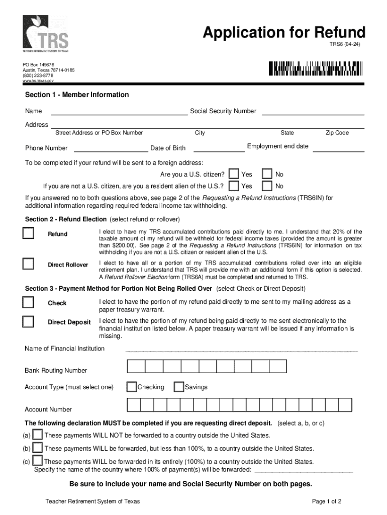 2024 Form TX TRS 6 Fill Online Printable Fillable Blank PdfFiller