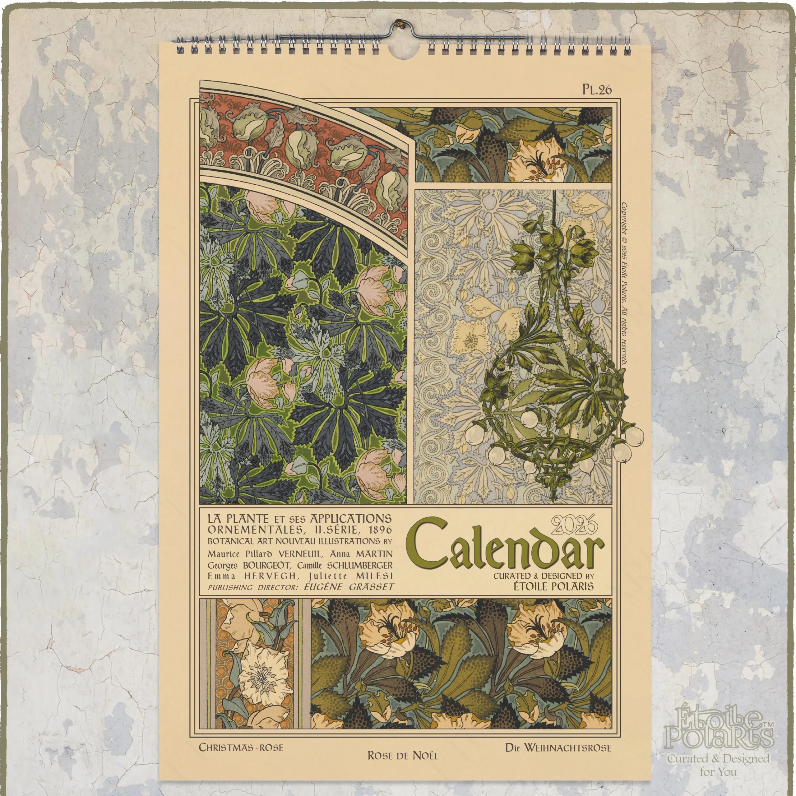 2025 2026 Botanical Calendar Art Nouveau Floral Wall Planner 