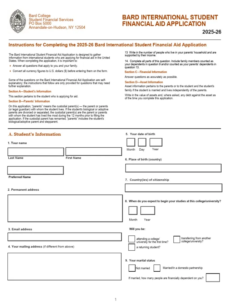 2025 2026 International Financial Aid Application PDF Expense 