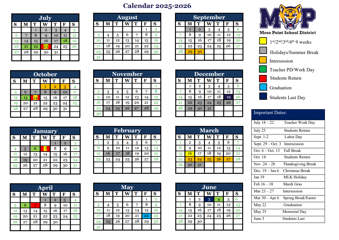 2025 2026 School Calendar Moss Point School District
