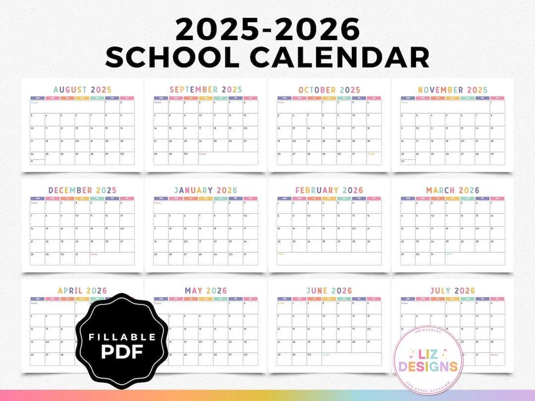 2025 2026 School Year Calendar Printable Editable Monthly 
