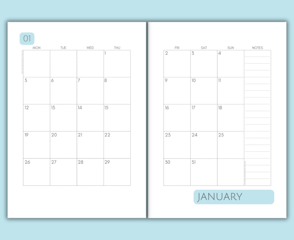 2025 2026 Two Page Calendar Monthly Spread Free Printable 