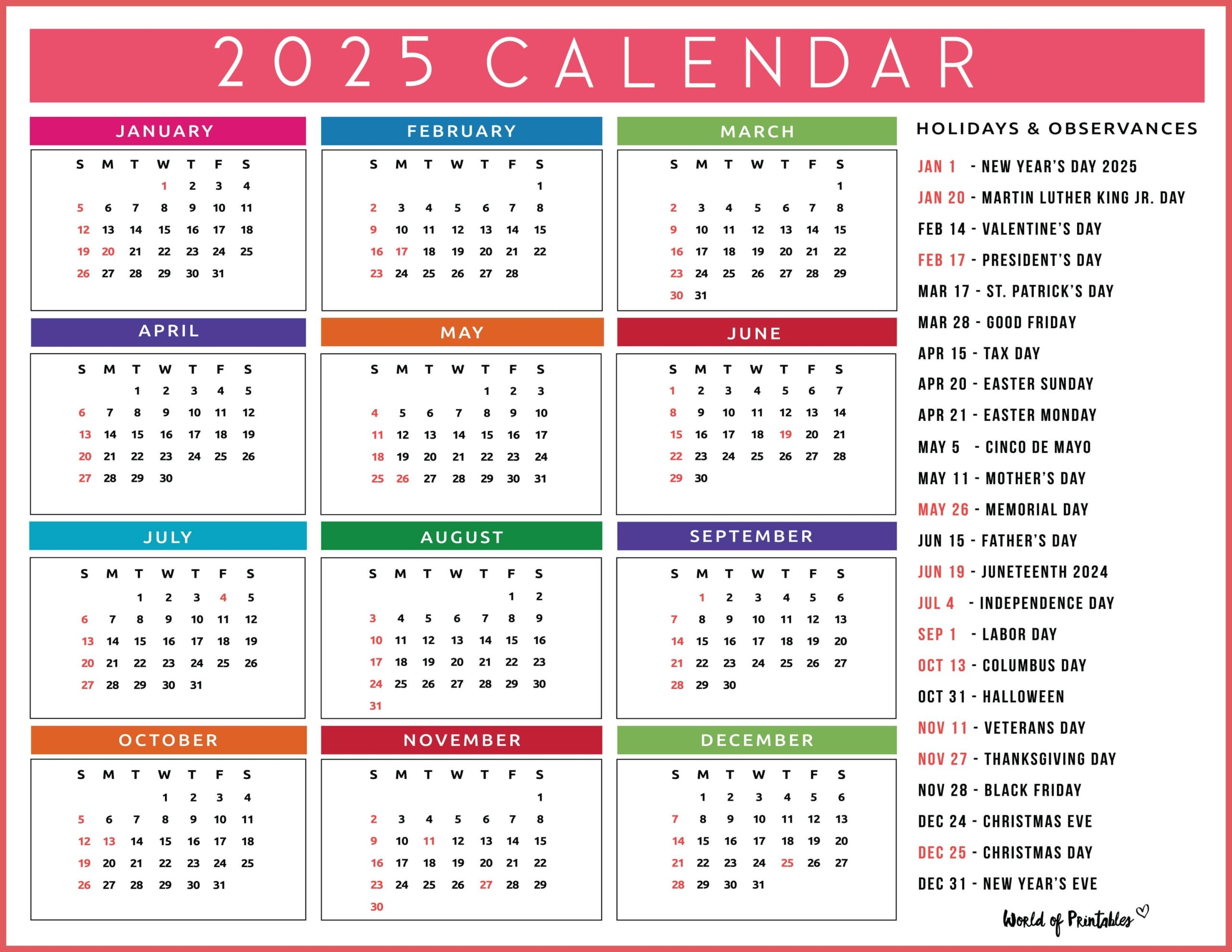 Year 2025 Calendar Printable With Holidays