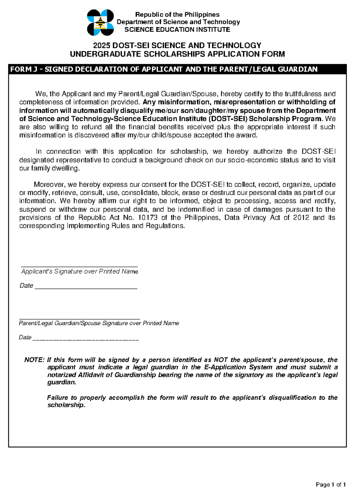 2025 DOST SEI Scholarship Form J Signed Declaration Of Applicant 