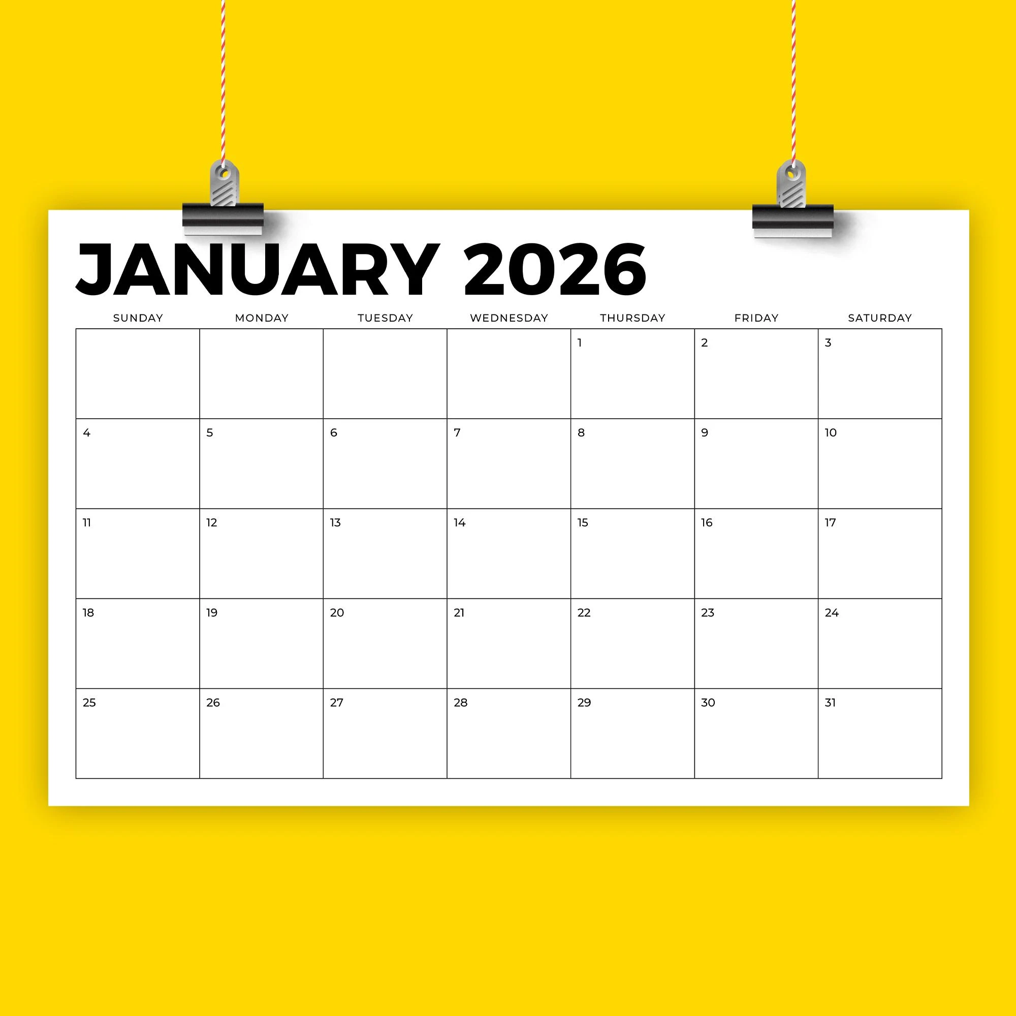 11x17 Blank Printable Calendar 2026