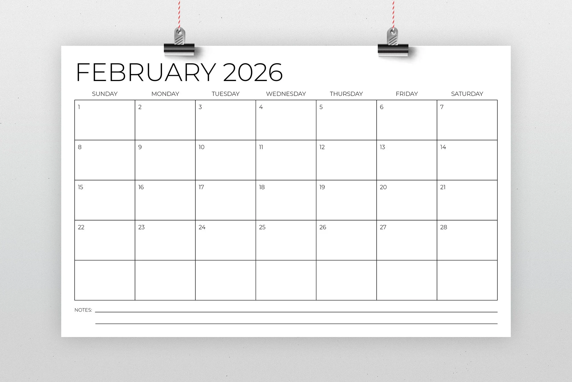 2026 11x17 Calendar Template INSTANT DOWNLOAD Thin Sans Serif 