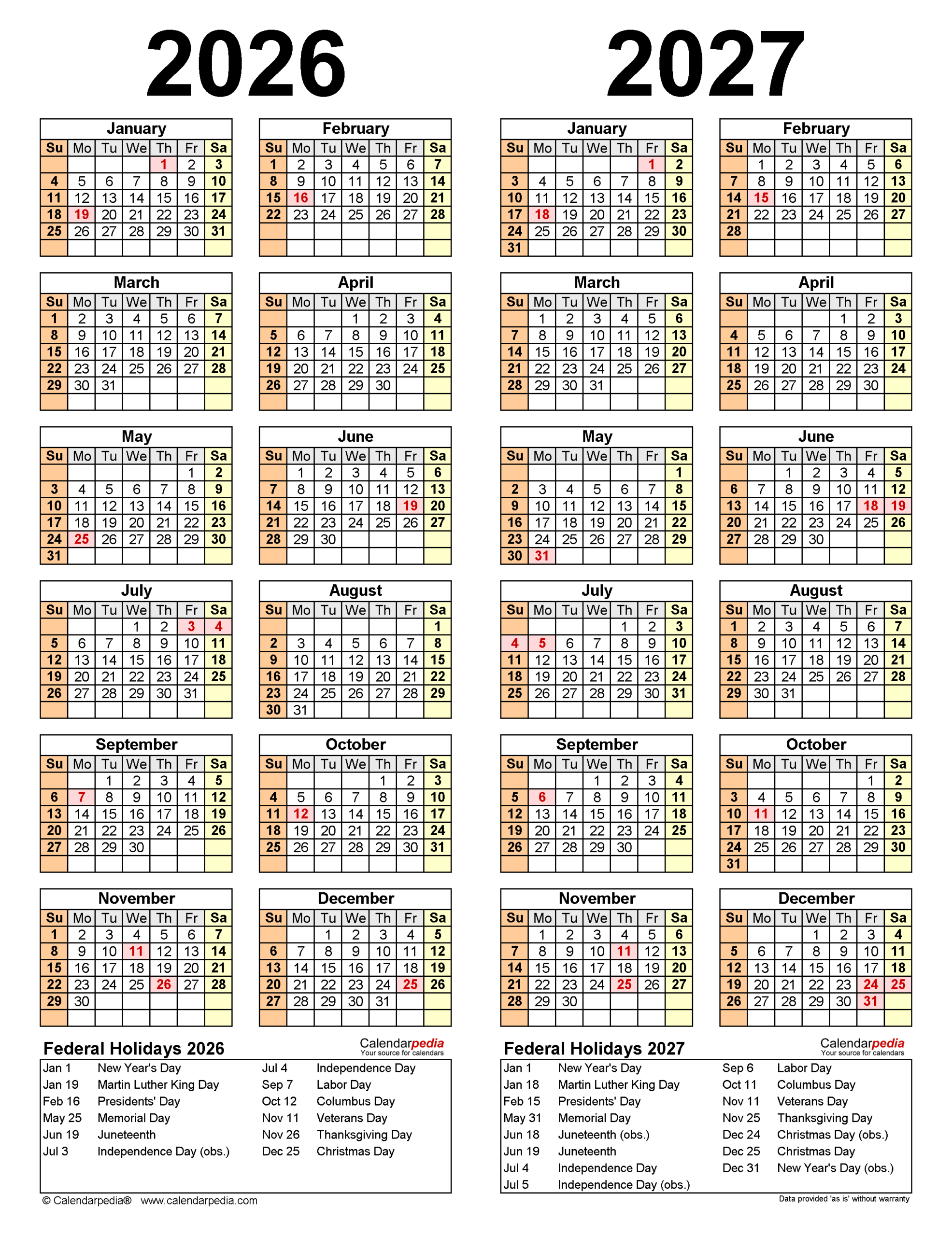 Blank Calendar 2026-2027 Printable