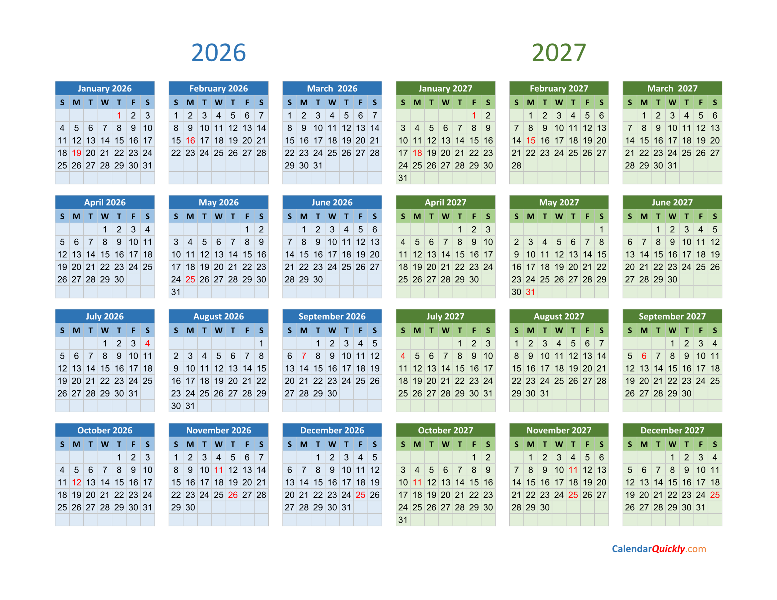 Printable Monthly Blank Calendar 2026-2027