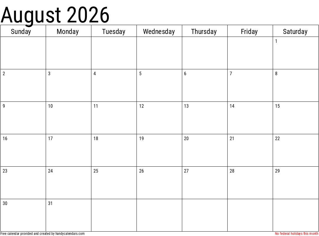 Printable Calendar 2026 August Blank