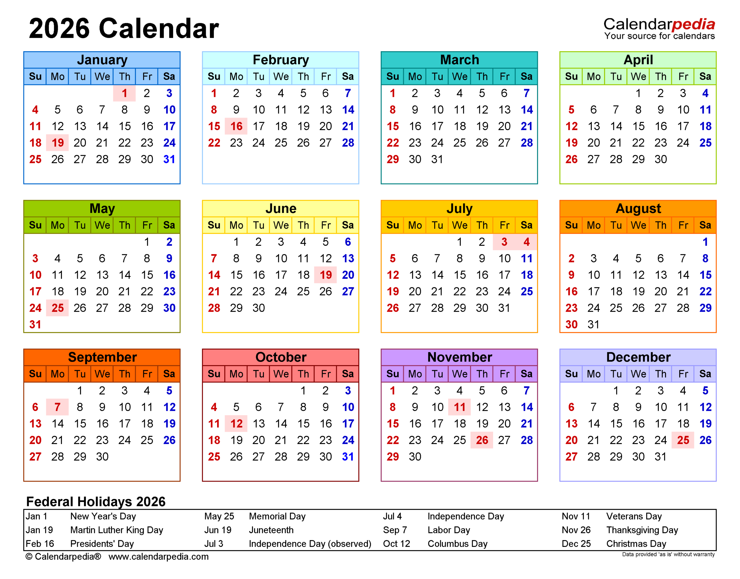 Printable 2026 Yearly Calendar With Holidays