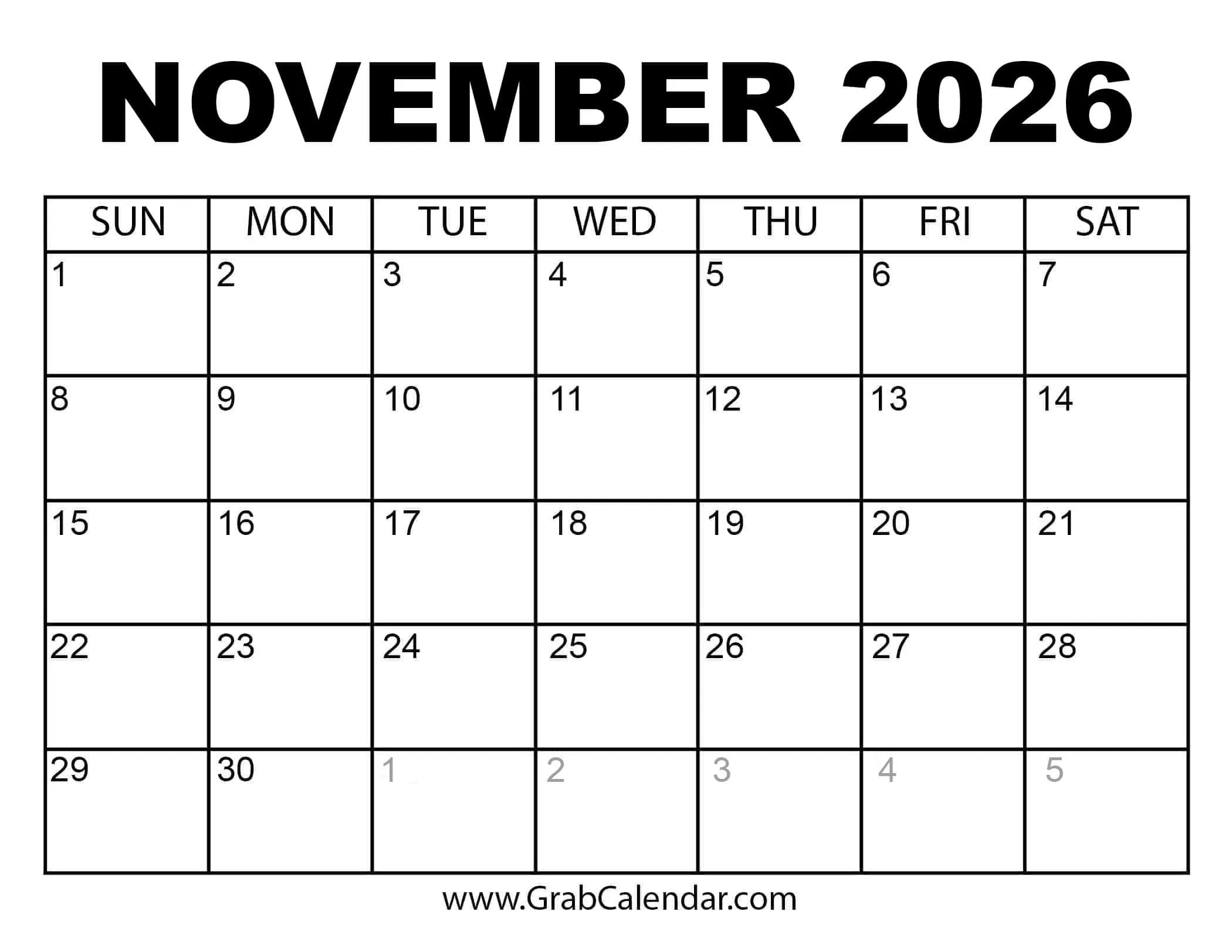 Printable Pocket Calendar November 2026
