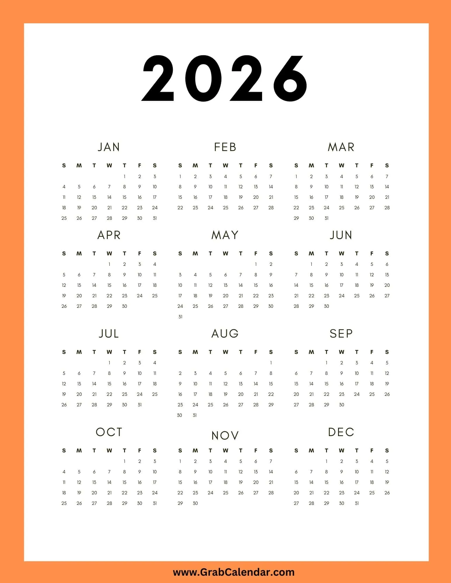 2026 Calendar Year Blank Printable