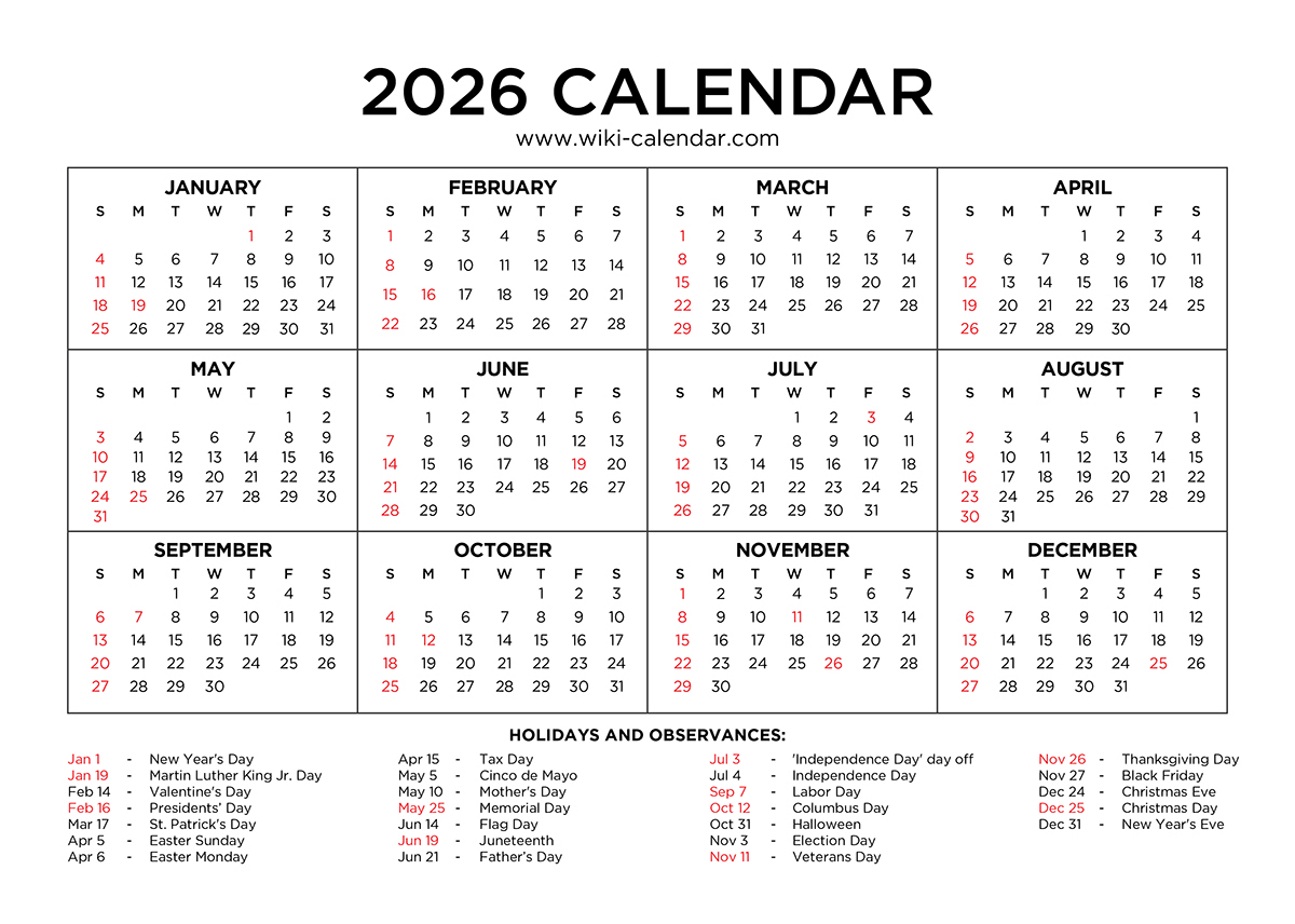 Printable Calendar 2026 With Holidays Usa
