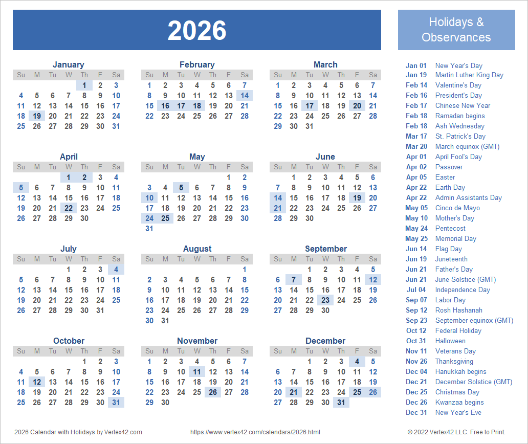 2026 Year Calendar Printable