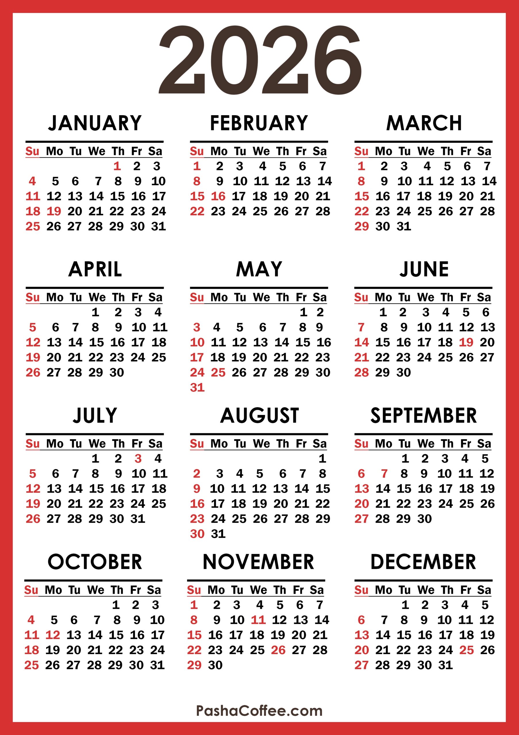 2026 Calendar Printable With Holidays Pdf
