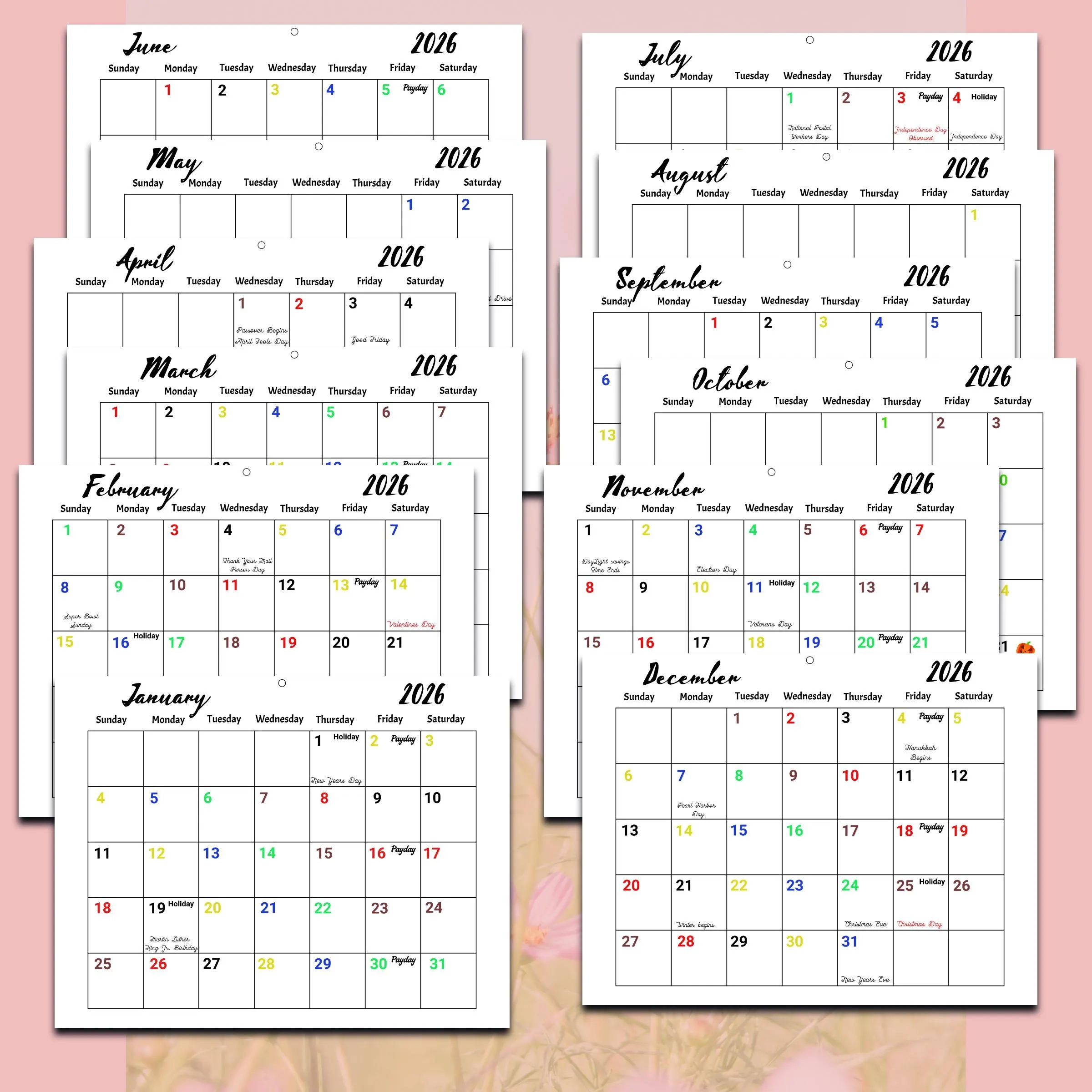 2026 Postal Payday And Holiday Calendar Printable