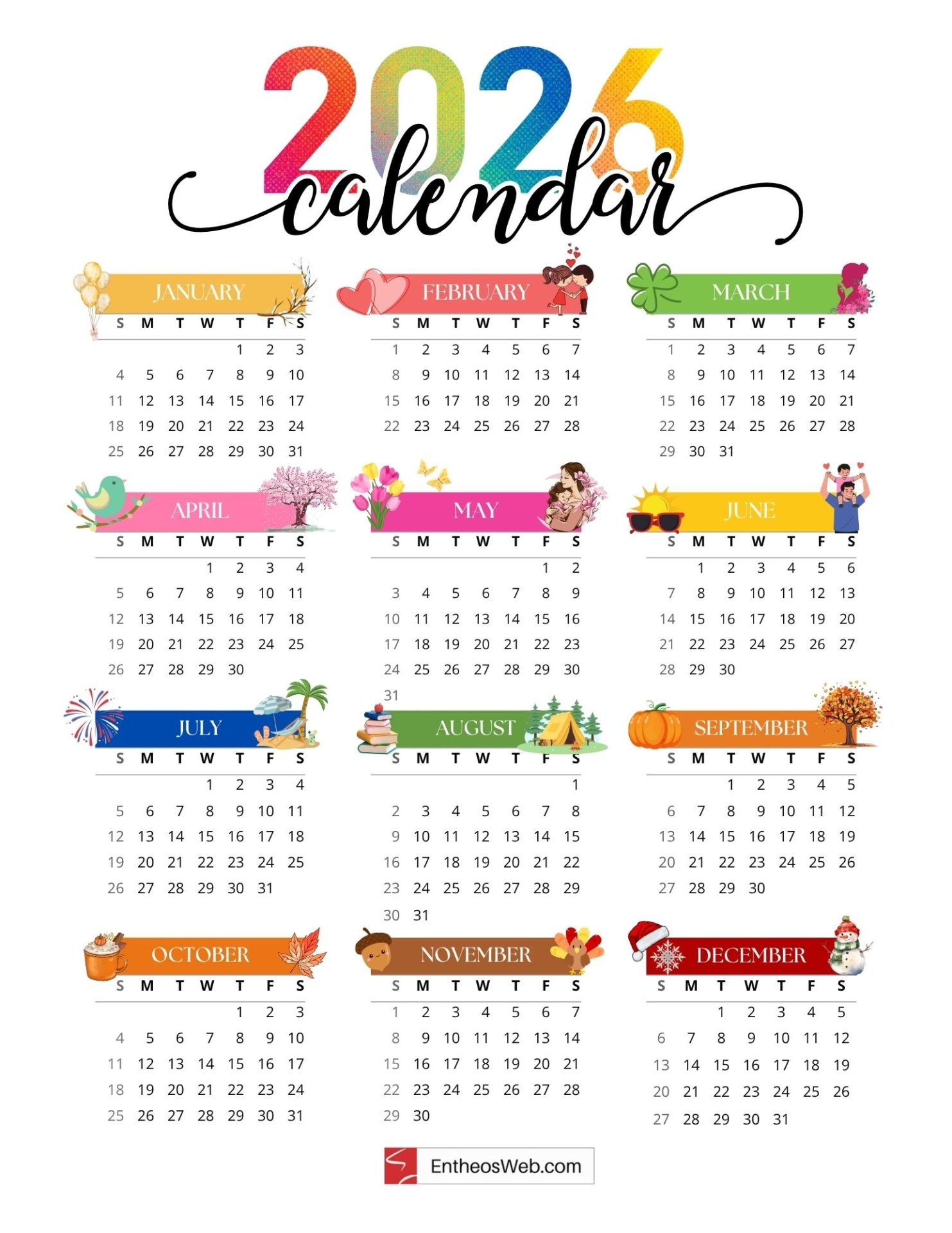 2026 Free Printable One Page Calendars EntheosWeb