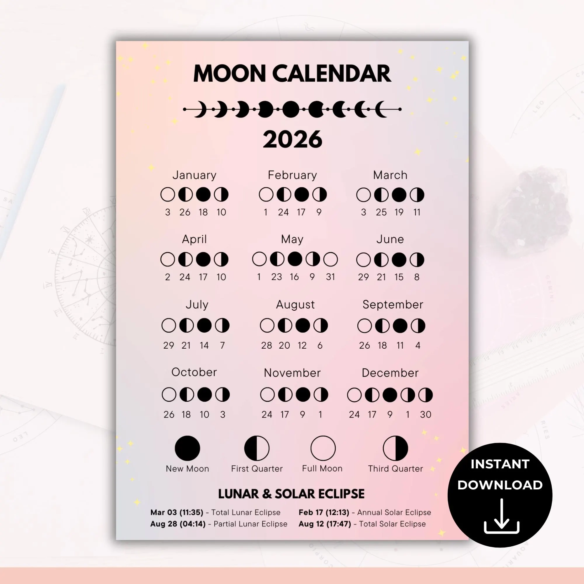 2026 Moon Phases Calendar Lunar Calendar Astrology Calendar 