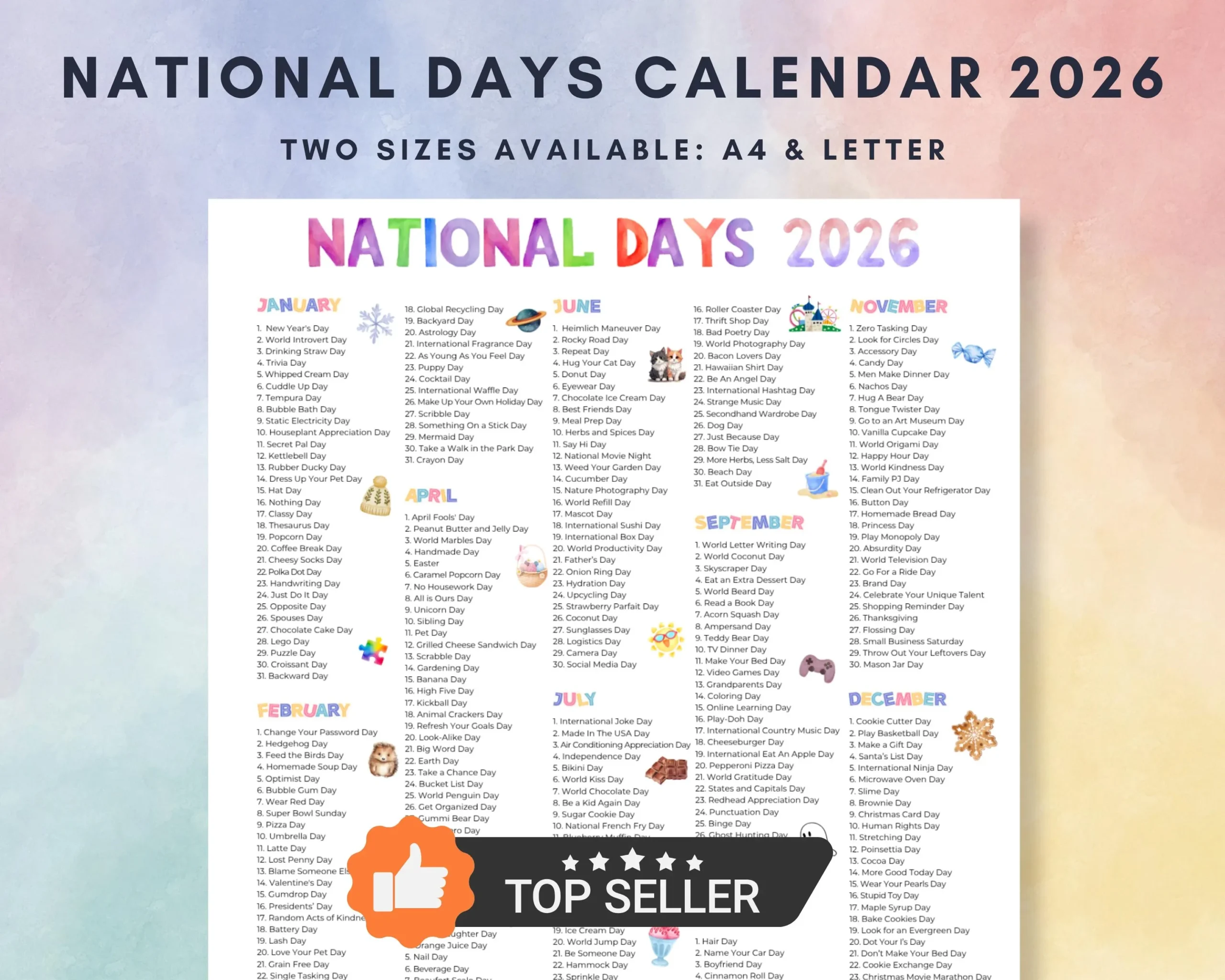 2026 National Days Calendar Printable A4 amp Letter PDF Etsy Canada