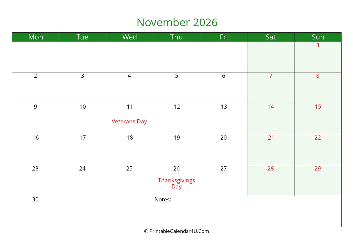 2026 November Calendars PrintableCalendar4U Com