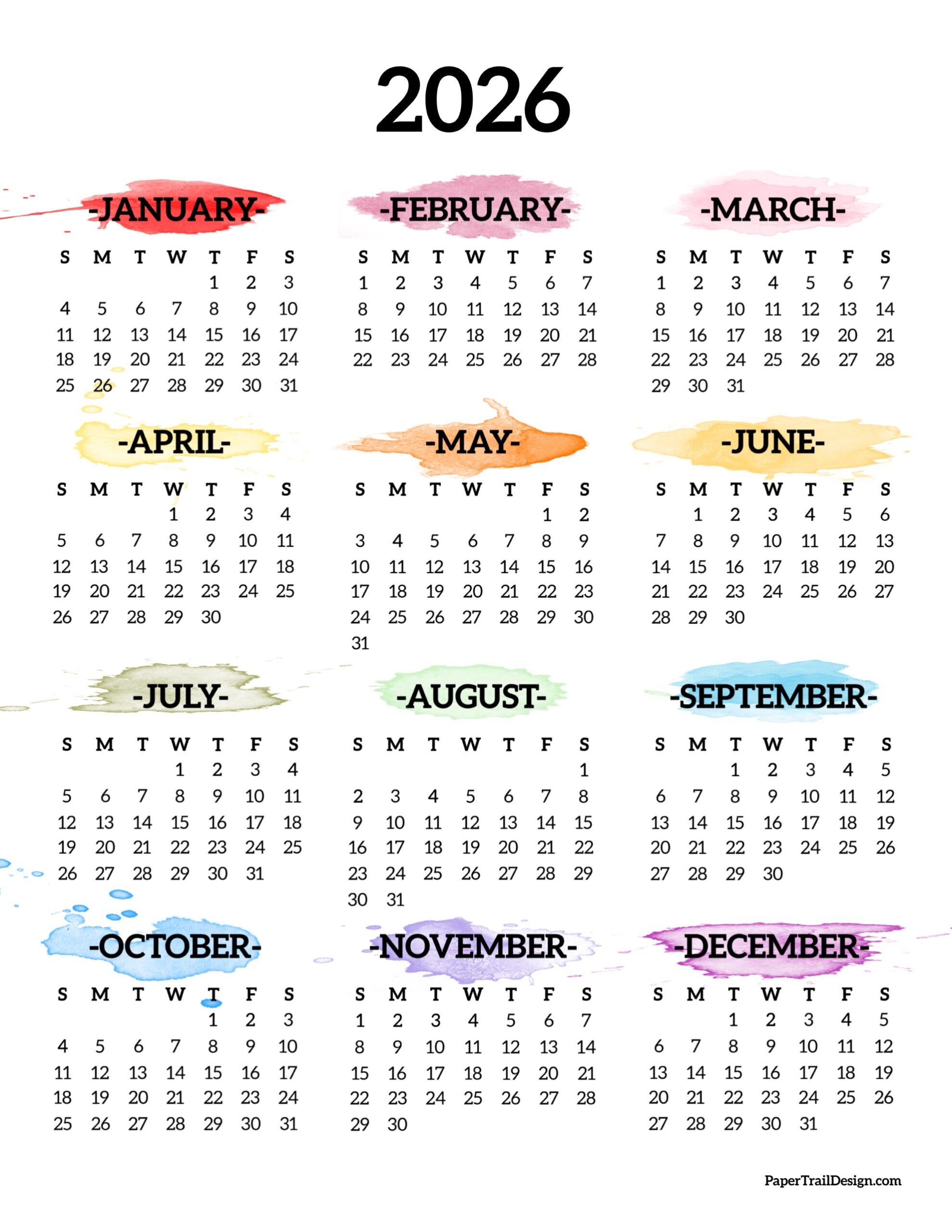 2026 Year Printable Calendar