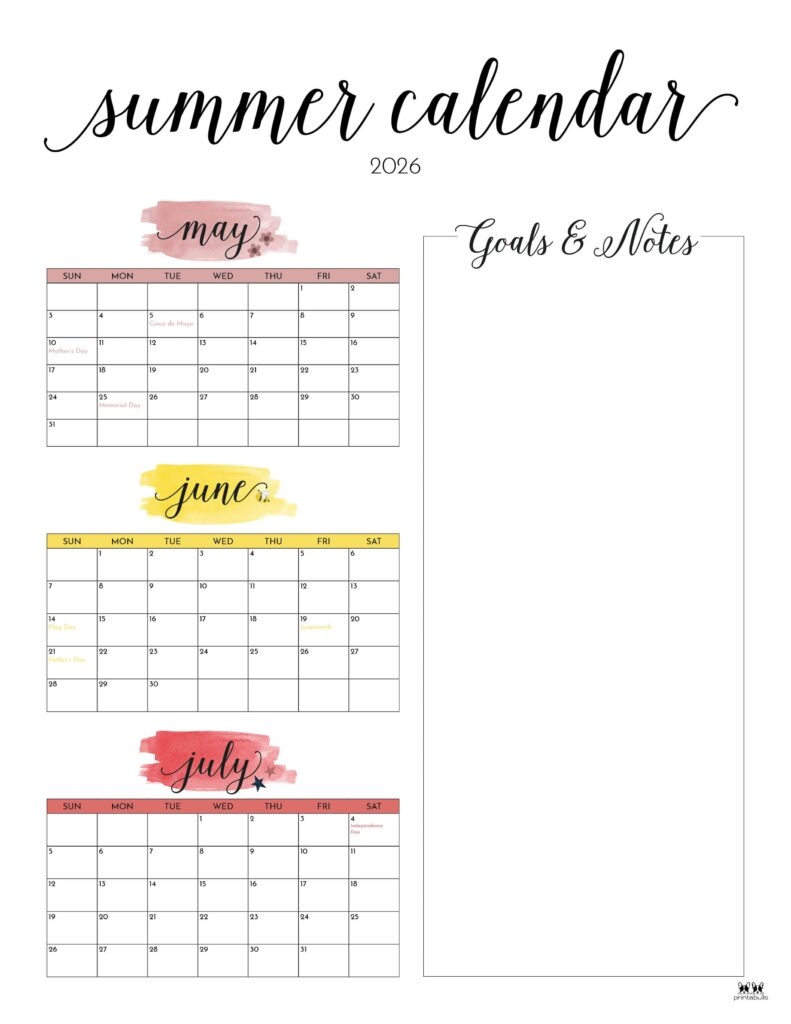 2026 Summer Calendars 31 FREE Printables Printabulls