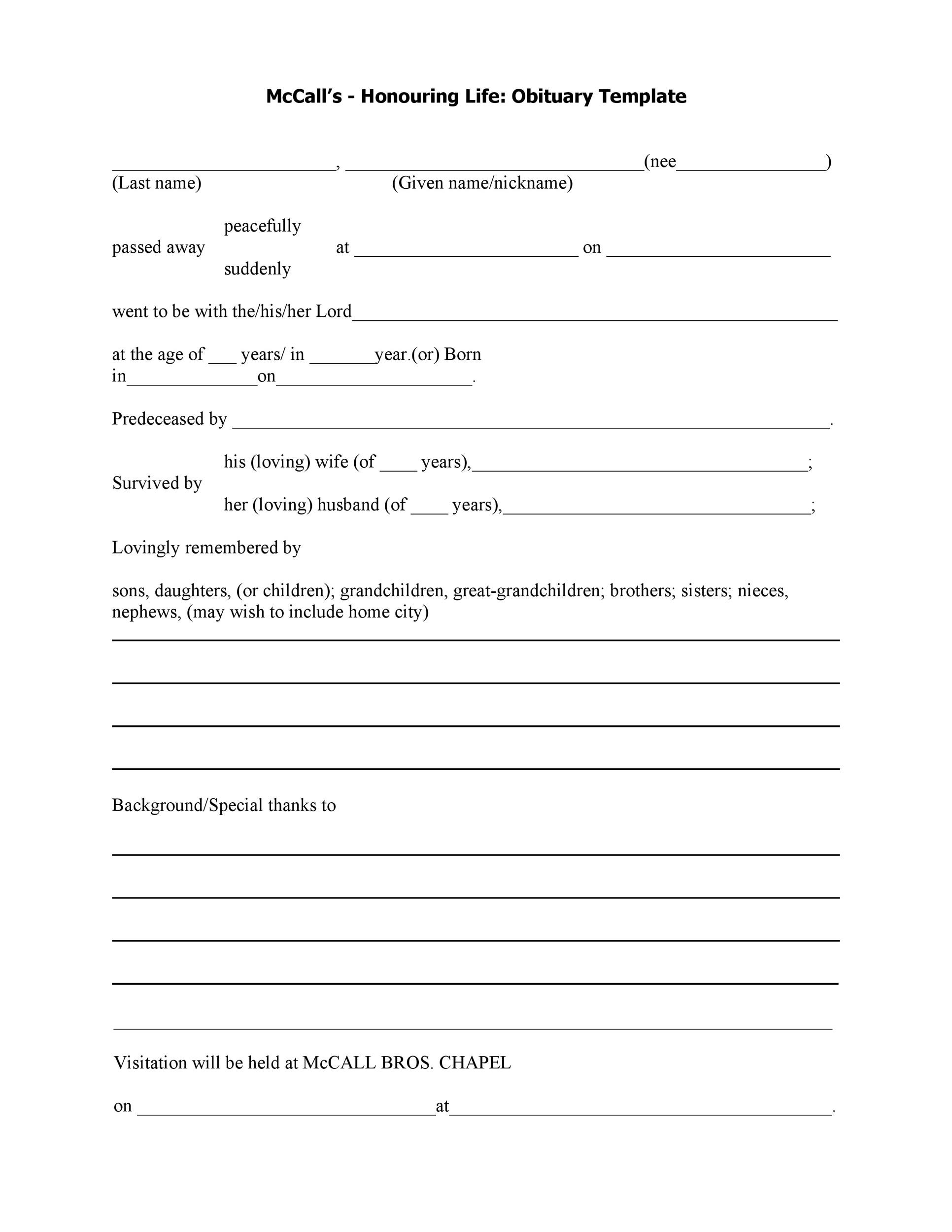 Printable Form For Obituary