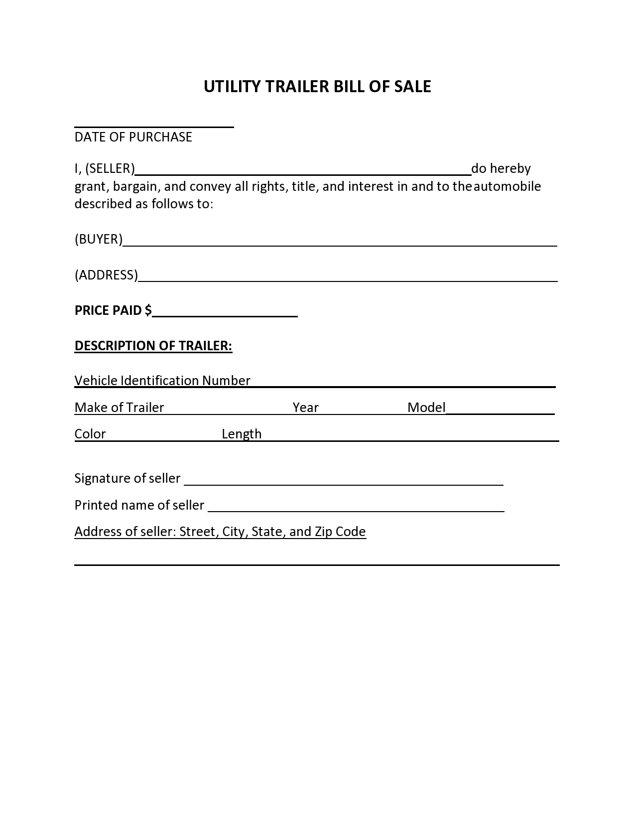 Boat Trailer Bill Of Sale Form Free Printable