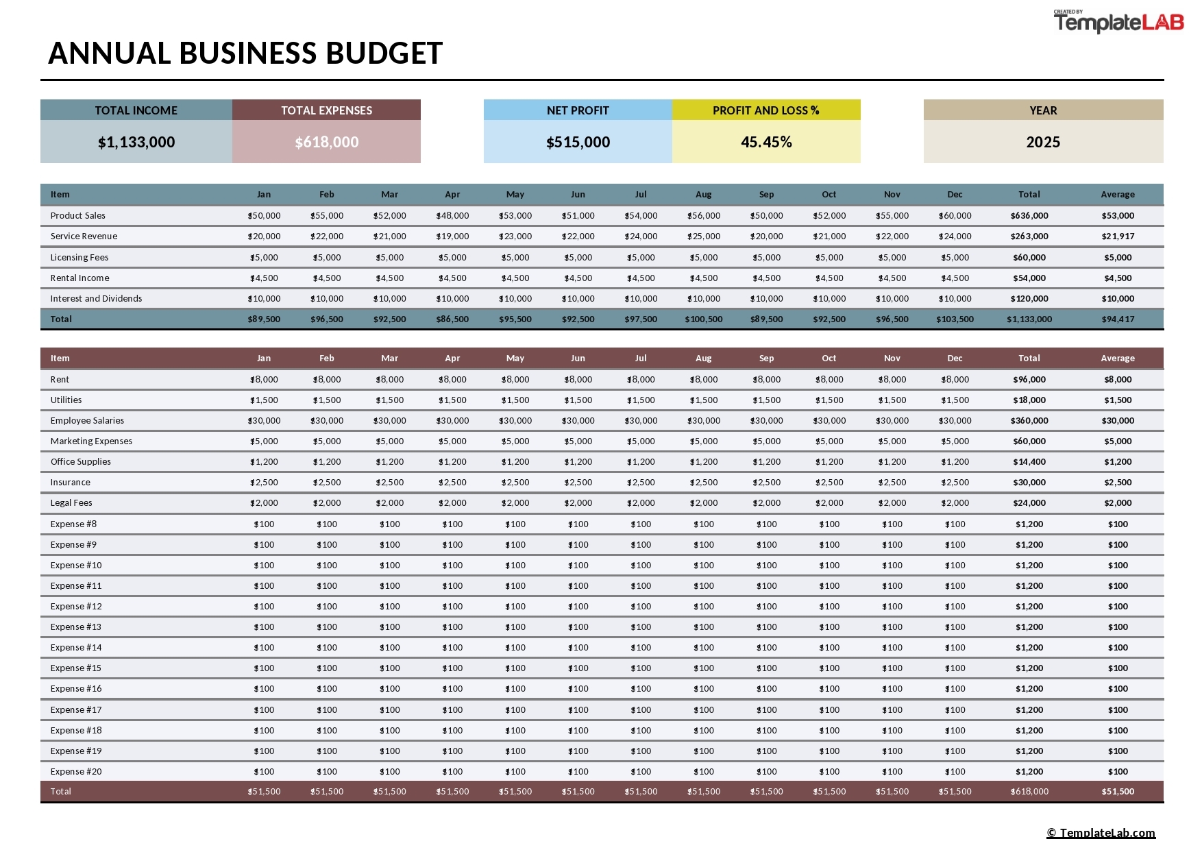 Printable Business Budget Template