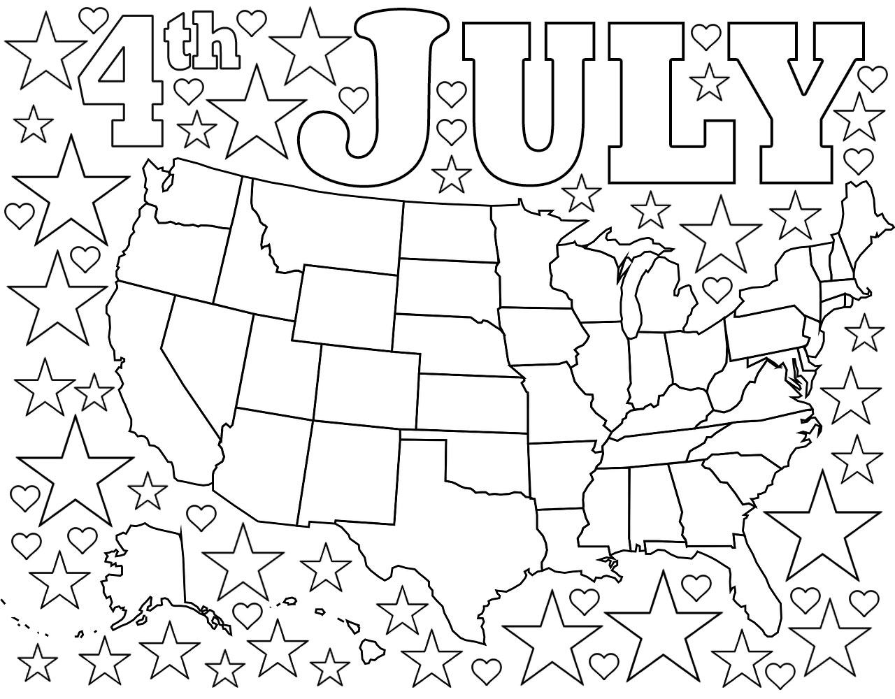 4th July Coloring Page Map Of USA With Stars And Hearts Rooftop 