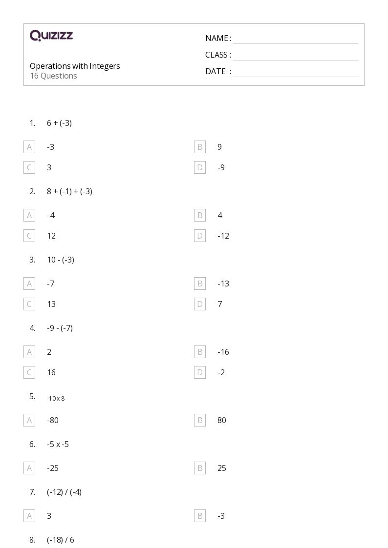 50 Operations With Integers Worksheets For 6th Grade On Quizizz 