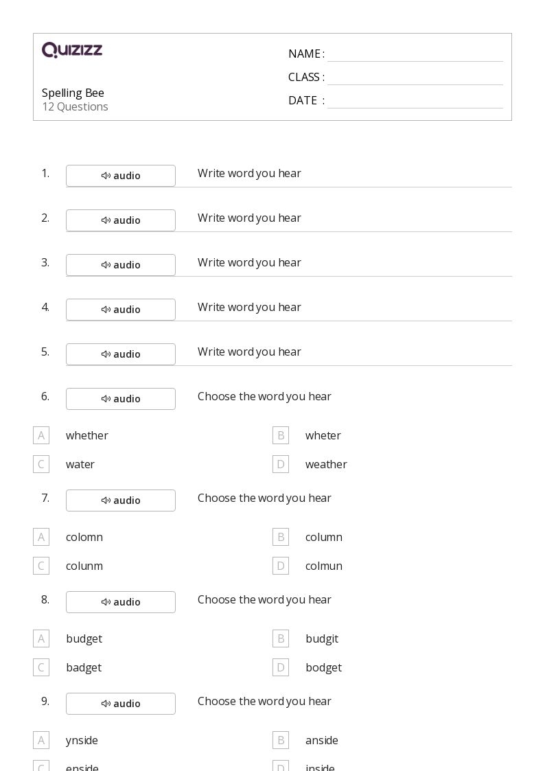 Printable Spelling Worksheets For 6th Grade