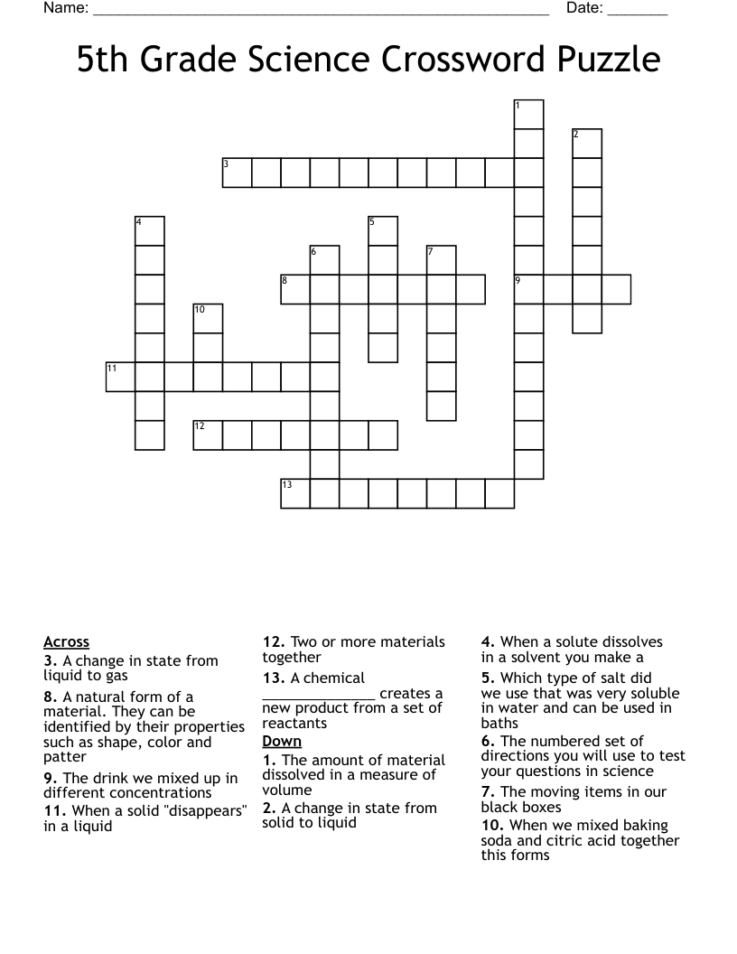 Crossword Puzzles For 5th Graders Printable