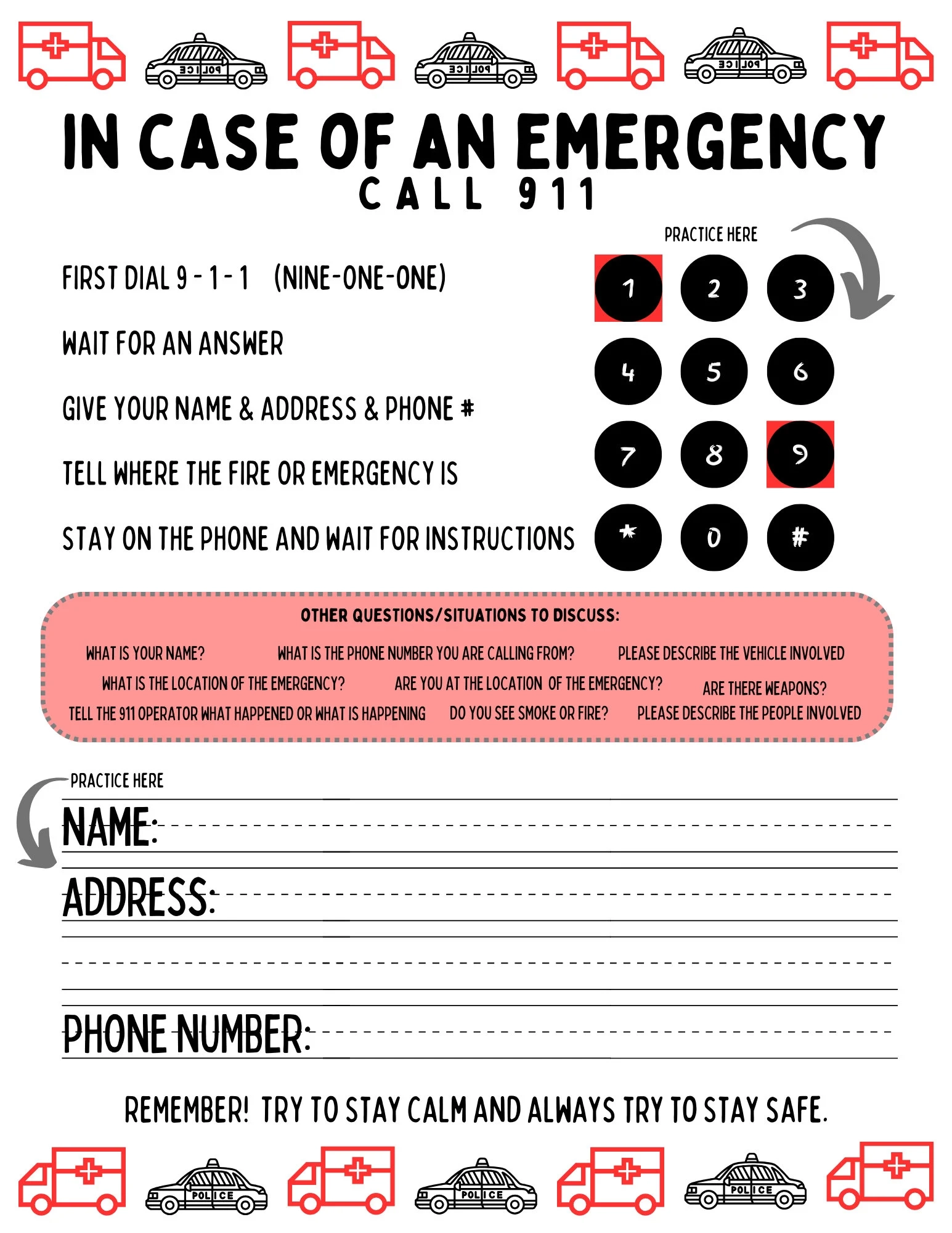 When To Call 911 Printable