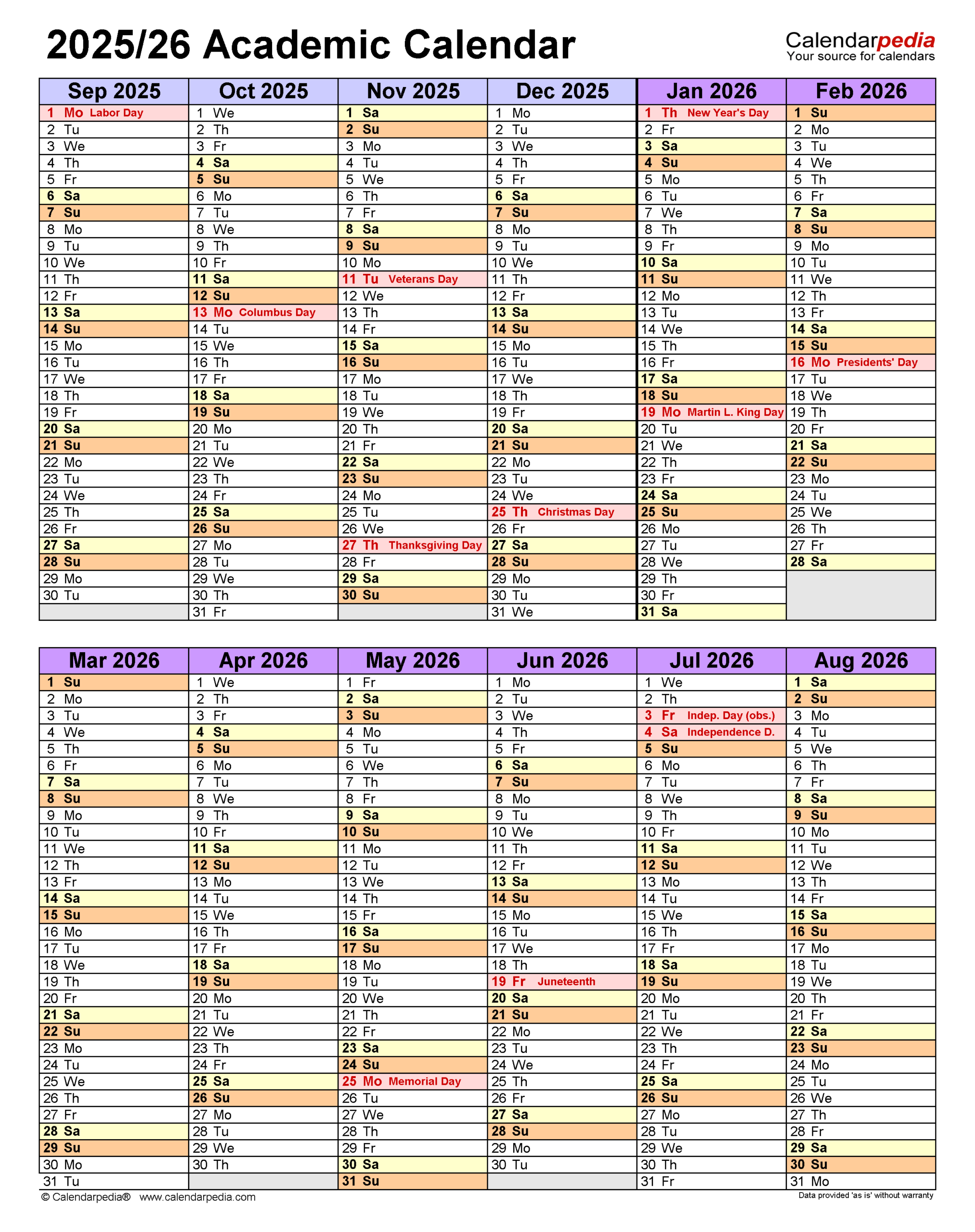 Academic Year Calendar 2025 26 Printable
