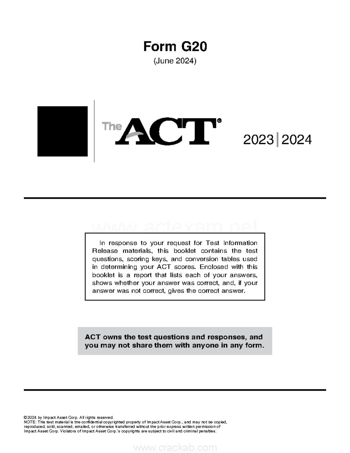 ACT 202406 Form G20 Test Information Release amp Scoring Keys Studocu