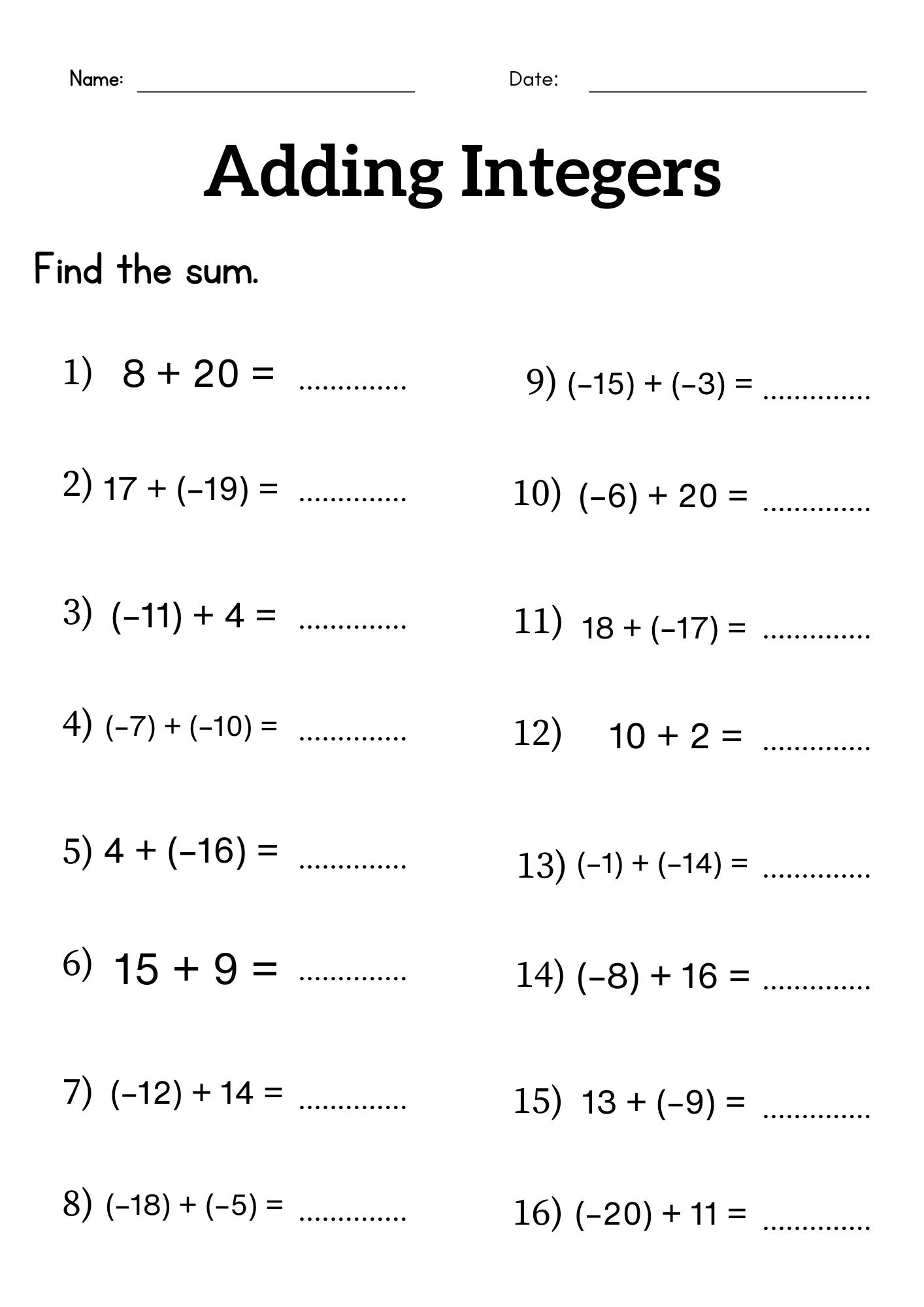 Adding Integers Worksheet Grade 6 Or 7 Addition Of Integers 