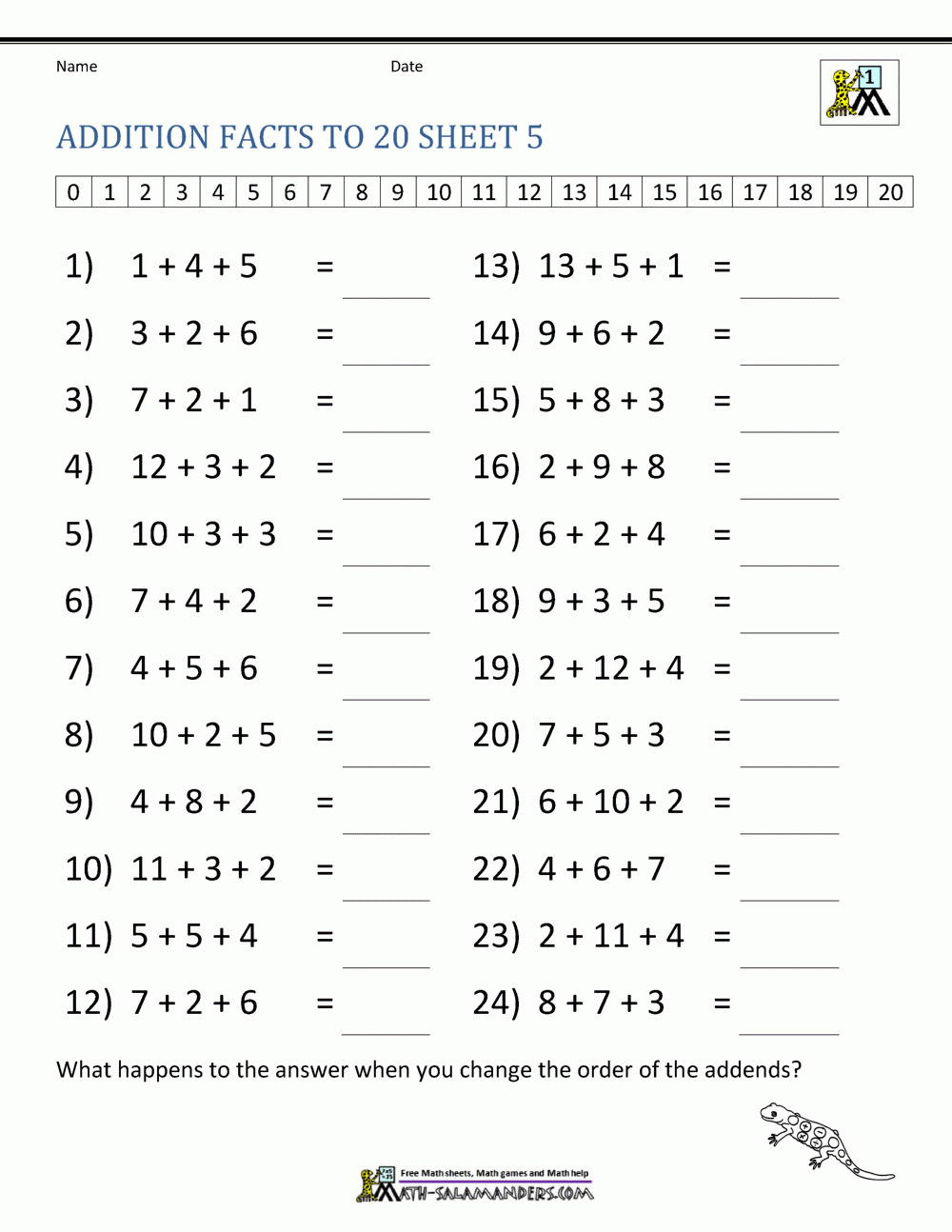 Math Facts Worksheets Printable Free
