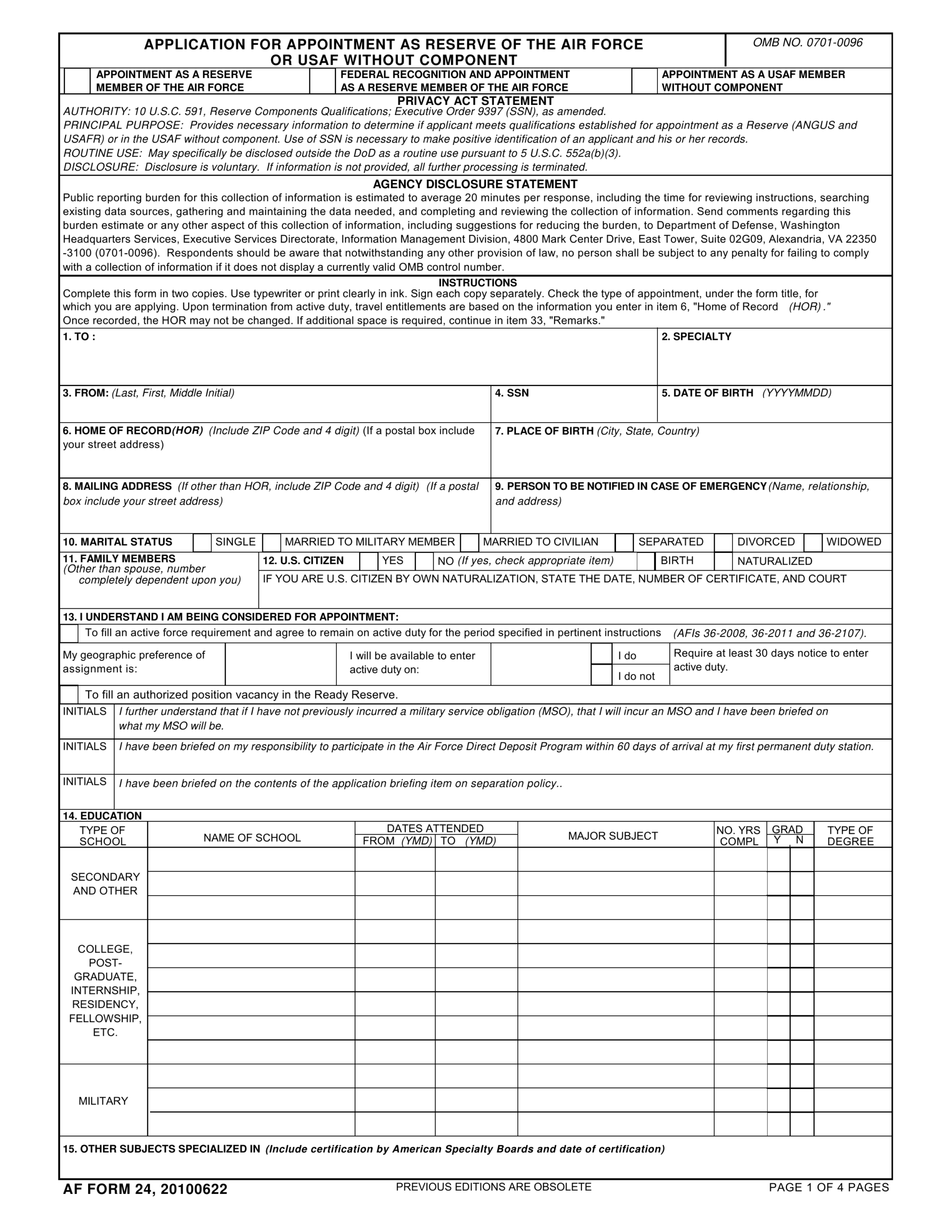 AF Form 24 Application For Appointment 2024 2025 PDF Guru